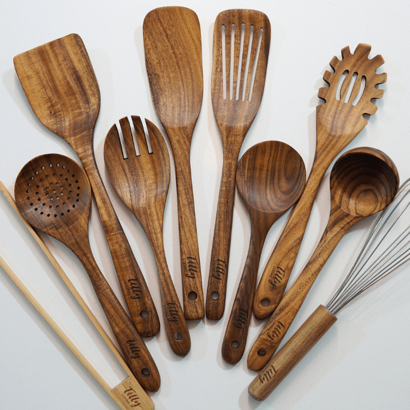 10 Piece Teak Wooden Utensil Set